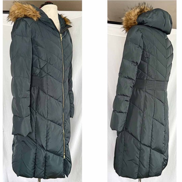 COLE HAAN Women Medium Gray Chevron Quilt Faux Fur Hood Taffeta Down Puffer Coat - Picture 3 of 11